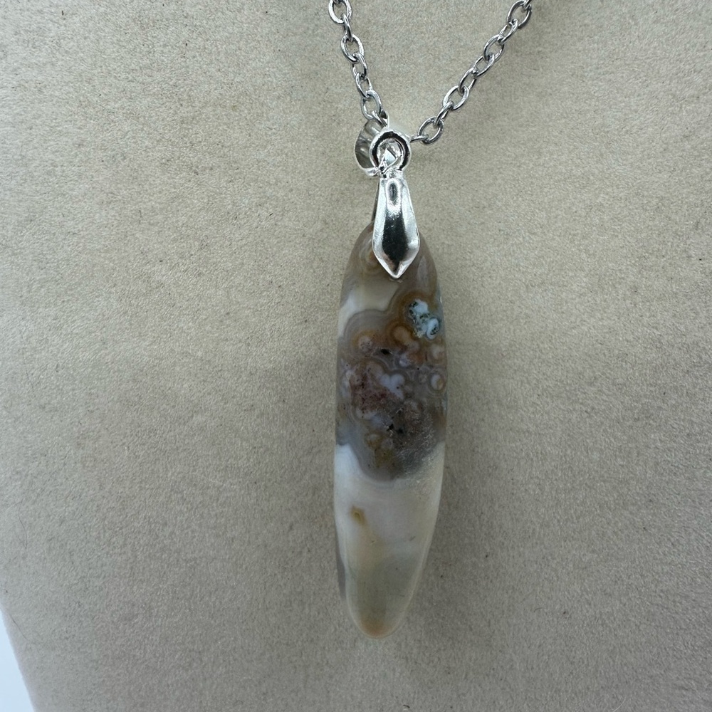 Long Thin Ocean Jasper Pendant on Stainless Steel Chain - Picture 6 of 7